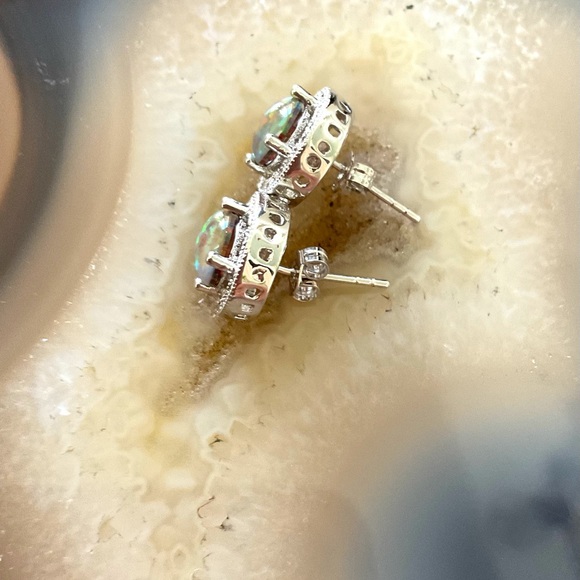 Sterling silver fire opal stud earrings cz halo NEW October Birthstone - Picture 2 of 9